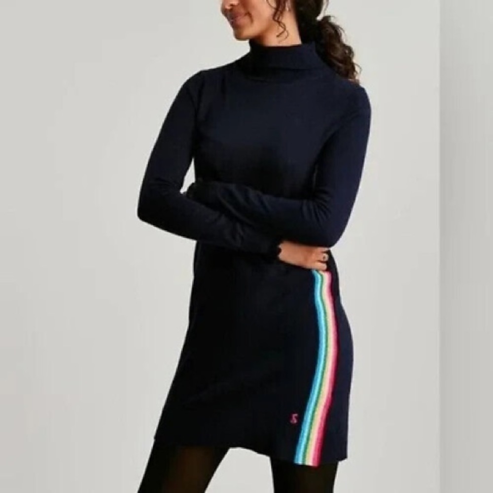 Joules Laurie Navy Blue Sweater Dress SPARKLY RAINBOW STRIPES Dress US 10